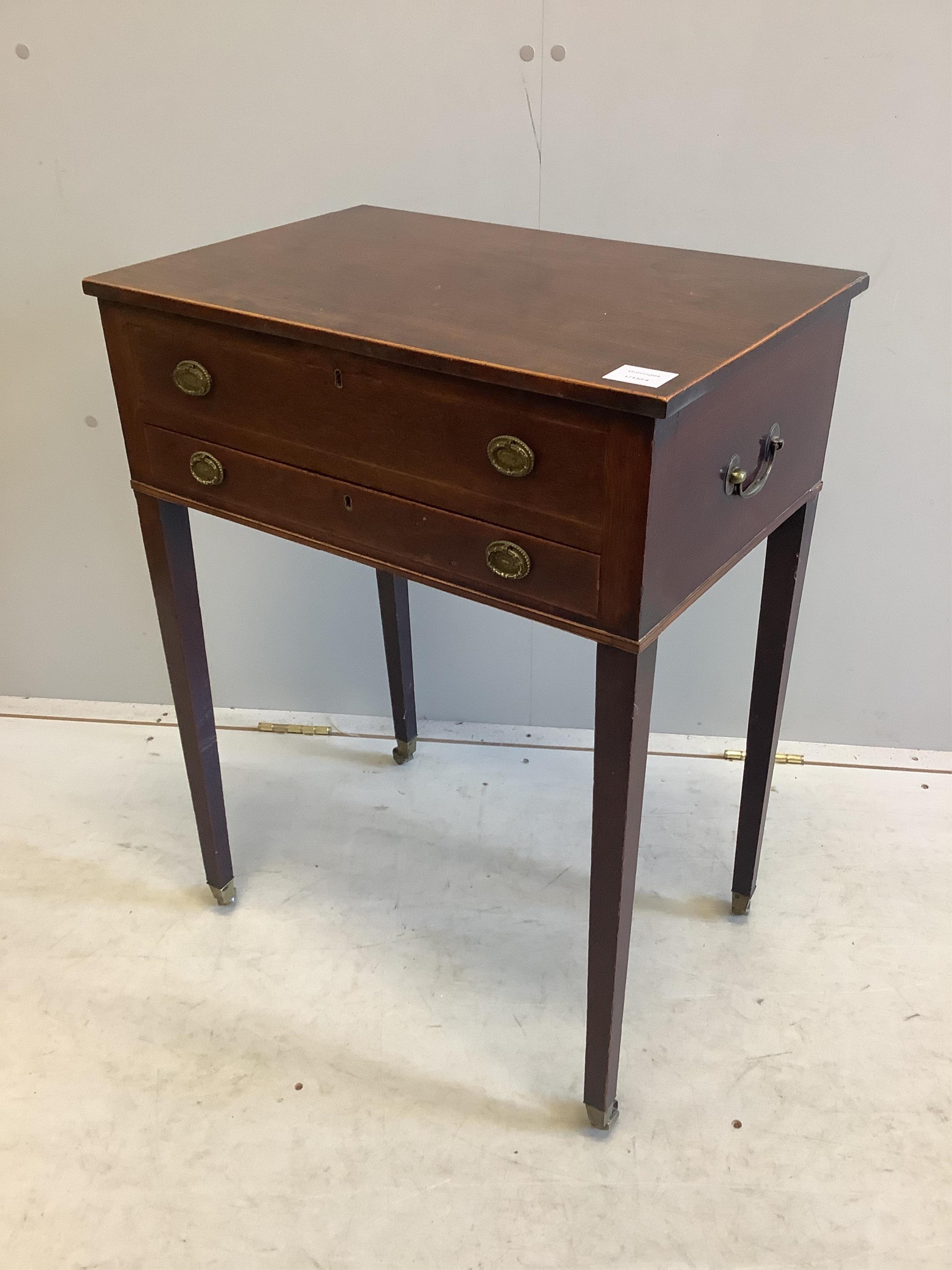 A George III mahogany hinged top work table, width 56cm, depth 38cm, height 75cm. Condition - fair